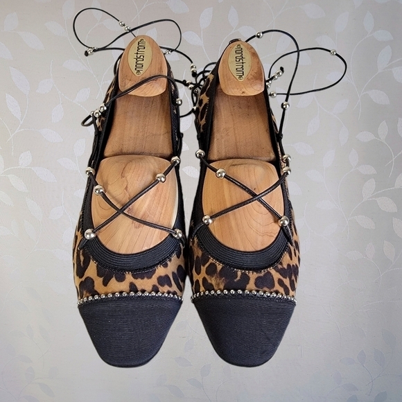 Aquazzura Leopard Print Ballet Flats - Suede Lace Up Ballerina Style 38.5 - Picture 3 of 16